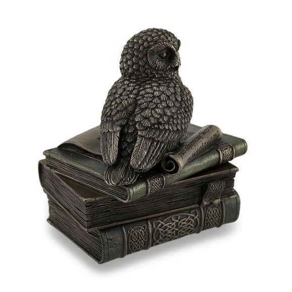 Owl Perched On Stack of Books Bronzed Trinket Box/Stash Box Statue - Picture 2 of 5